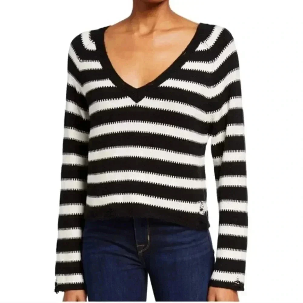 Wildfox Distressed Striped Vneck Sweater Black White
